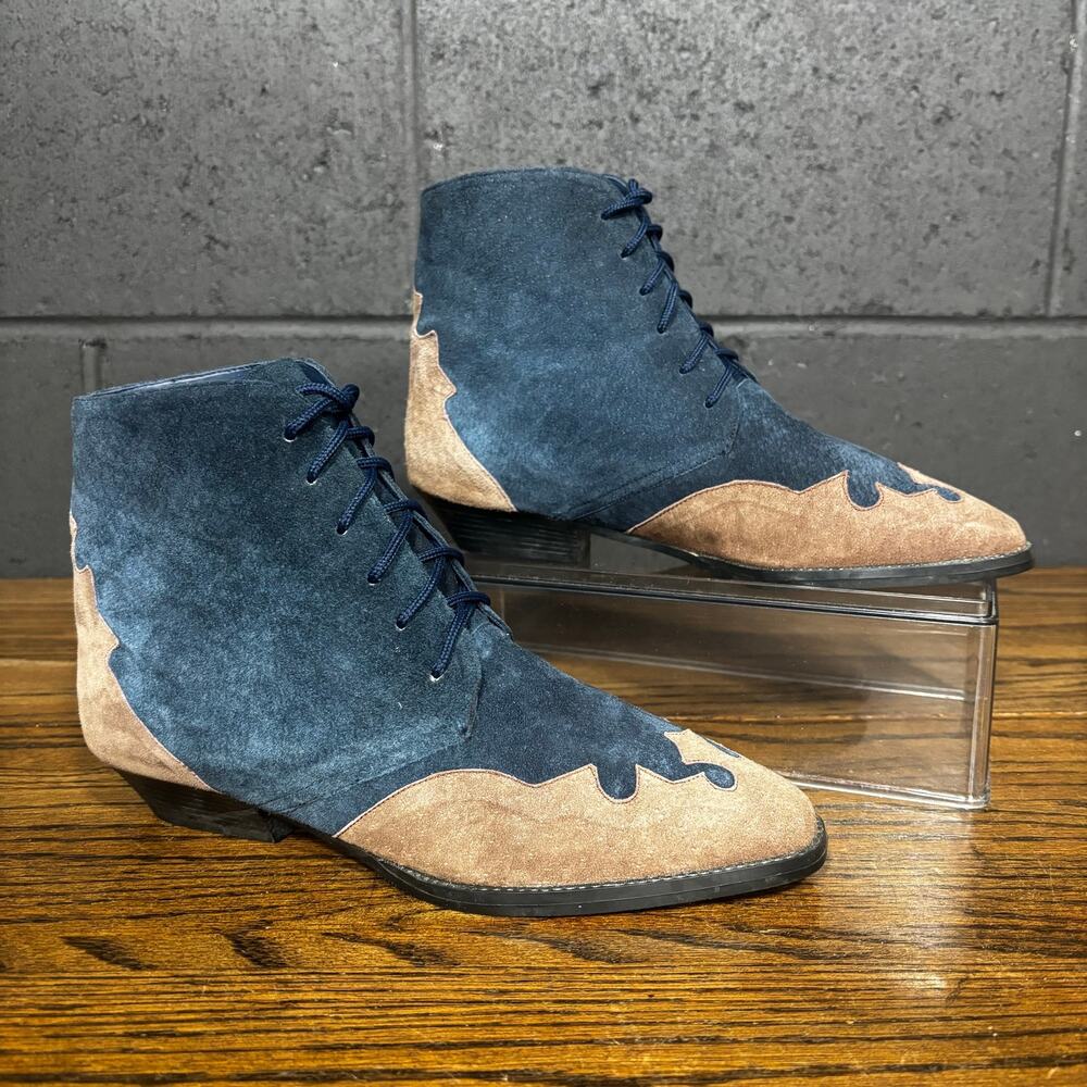 Vintage Newport News Blue Suede Lace Up Ankle Boots Western Victorian Women’s 7
